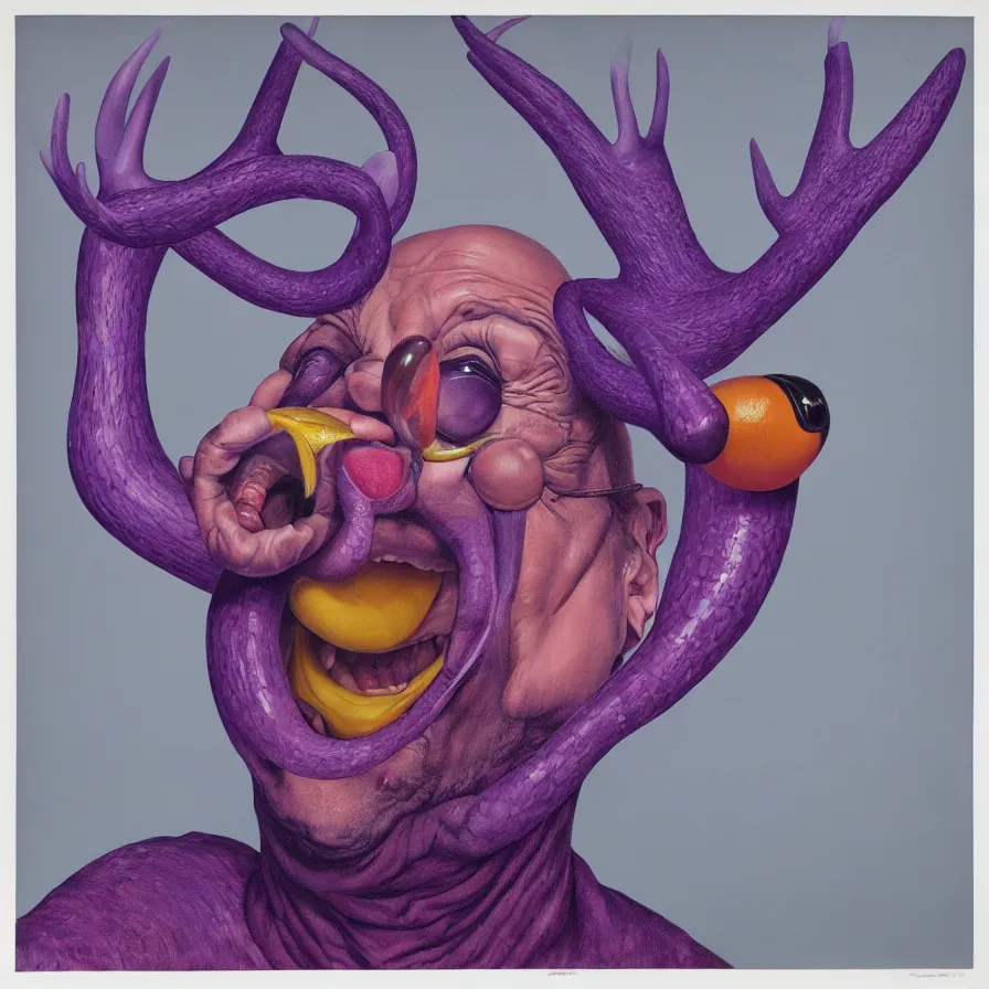 Image similar to rare hyper realistic portrait painting by chuck close, studio lighting, brightly lit purple room, a blue rubber duck with antlers laughing at a giant laughing worm with a clown mask