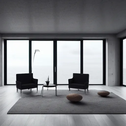 Image similar to brutalist open living room, big windows, showing storm ocean landscape on background, minimalist architecture, minimalist furniture, octane render, high quality, 8 k, post production