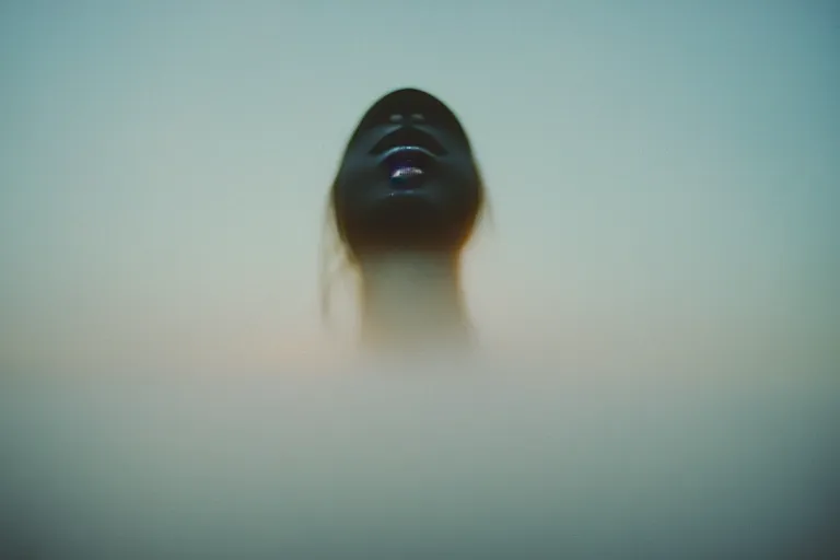 Image similar to film photography, minimalism, lips with smeared lipstick in in blue fog, low shutter speed, golden hour, 35mm, motion blur