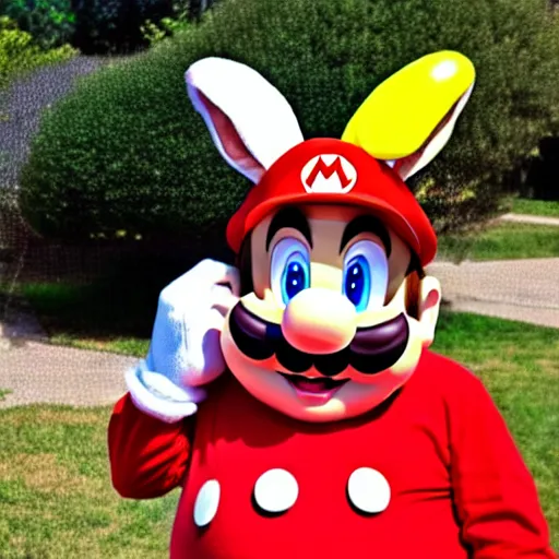 Image similar to real life big chungus dressed like mario, super mario with bunny ears, big chungus, fat bugs bunny, high resolution photo