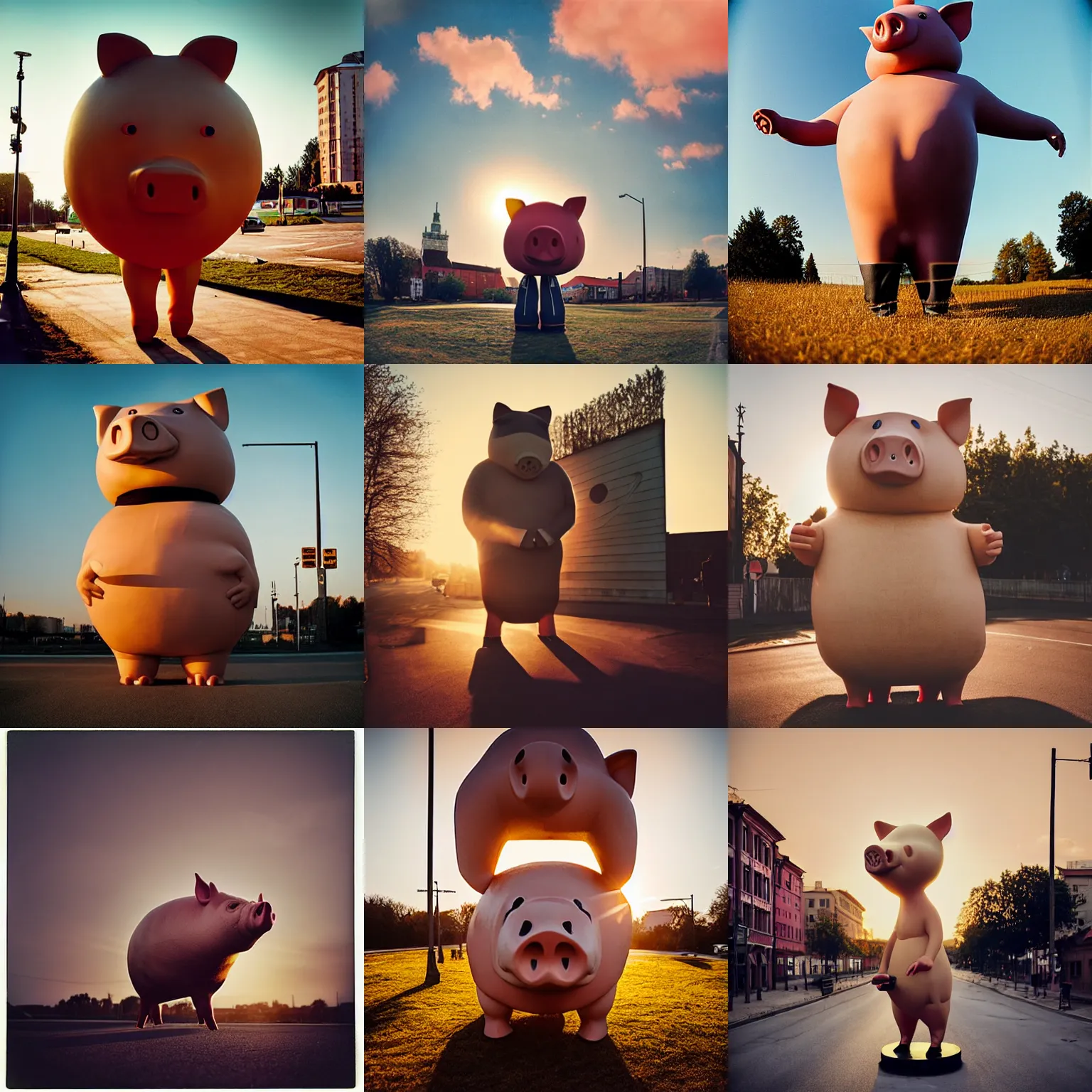 Prompt: real pig!!! giant oversized anthropomorphic, in legnica, full body, cinematic focus, polaroid photo, vintage, backlighting sunset golden hour, by oleg oprisco, by thomas peschak, by discovery channel, by victor enrich, by gregory crewdson