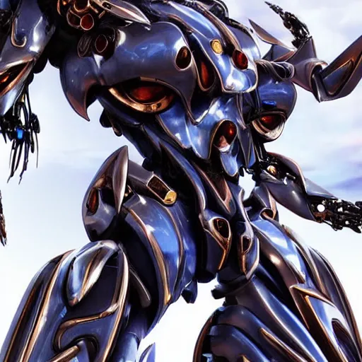 Image similar to a highly detailed close-up, of an awe-inspiring beautiful majestic anthropomorphic humanoid robotic mecha female dragon, with smooth and streamlined armor, standing and posing elegantly in front of the camera, well detailed head with epic LED eyes, sharp and dangerous sleek design, two arms, two legs, long tail, digital art, artstation, DeviantArt, professional, octane render, sunset lighting