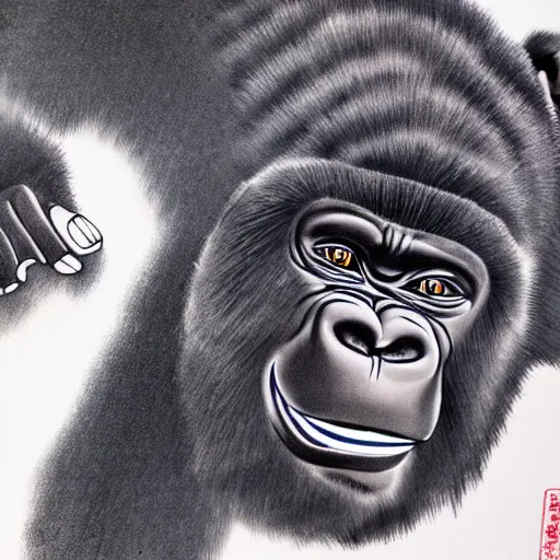 Image similar to japanese ink block painting of a gorilla, 4 k, hyper realistic, dslr, high resolution, landscape, beautiful