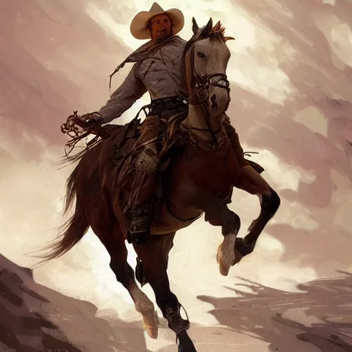 Image similar to a Rugged cowboy riding a white horse, D&D, fantasy, intricate, elegant, highly detailed, digital painting, artstation, concept art, smooth, sharp focus, illustration, art by artgerm and greg rutkowski and alphonse mucha