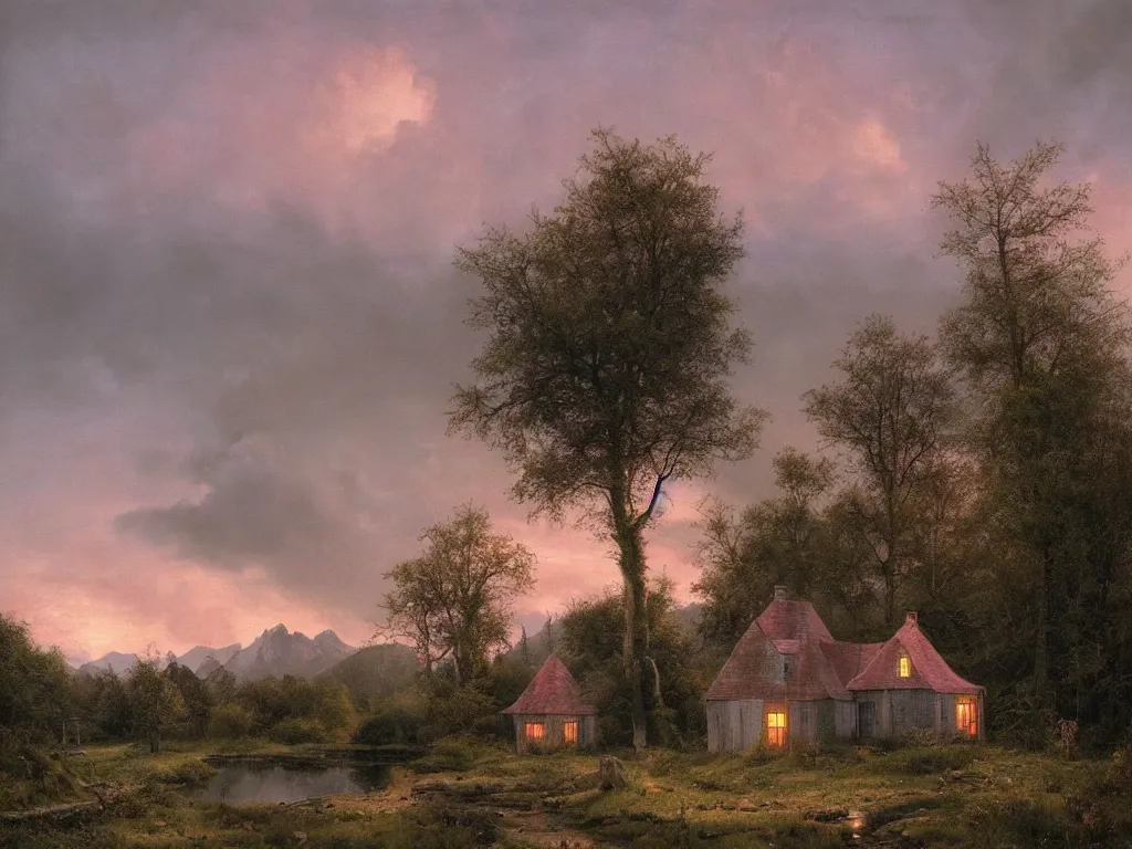 Prompt: a single witchhouse with lighted windows in a woodland, mysty mountain in the background, evening mood, pink clouds in the sky, by clive madgwick