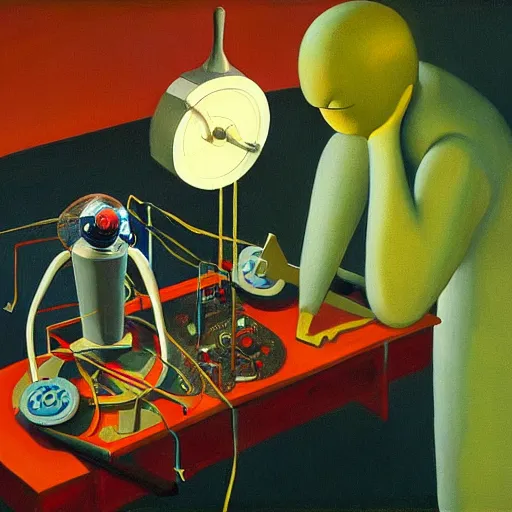 Image similar to mad scientist at a control panel programming a wacky robot in a gyroscope, grant wood, pj crook, edward hopper, oil on canvas