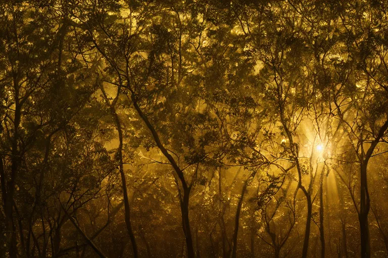 Image similar to portrait of crepe myrtle trees in a forest during a blizzard. golden hour. shadow and light. rays of light. energetic, dynamic, lively, detailed, intricate, complex. fine art by hayao miyazaki, akira toriyama, makoto shinkai, and ohara koson. studio lighting. tilt and shift lens. bokeh.
