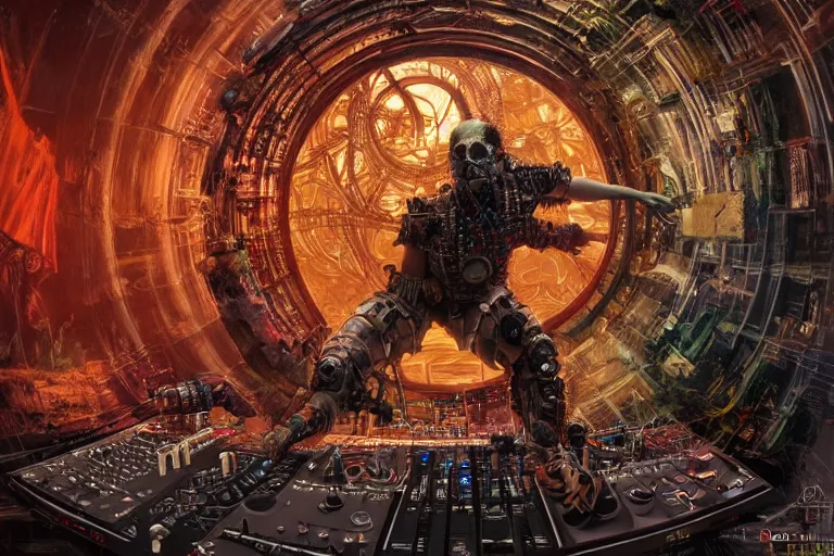 Image similar to a fisheye lens photo of a post apocalyptic tribal cyborg dj god tweaking and playing synthesizers in the most complicated and technical spiral fractal musical studio, powerful, cinematic, beautifully lit, by donato giancola, by artgerm, by karol bak, 3 d, perfect face and body, trending on artstation, octane render, 8 k