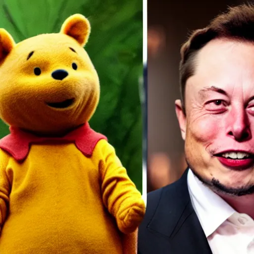 Prompt: elon musk cosplaying as winnie the pooh, elon musk wearing winnie the pooh costume