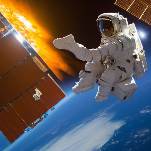 Prompt: an astronaut standing on the ISS floating above earth, a strange object approaches, breathtaking, cinematic, dramatic lighting, volumetric, cinematic composition, awe inspiring