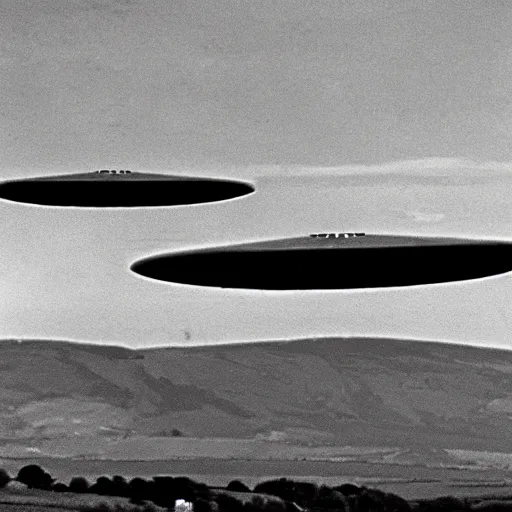 Image similar to grainy image of alien ufo near raf harrier jet in welsh hills, black and white, photography, 1 9 8 0 s chemical film