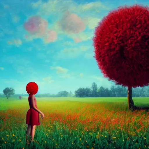 Image similar to giant red flower afro, full body, girl in the middle of a field with flowers, surreal photography, hills, sunrise dramatic light, impressionist painting, colorful clouds, digital painting, pointillism, artstation, simon stalenhag