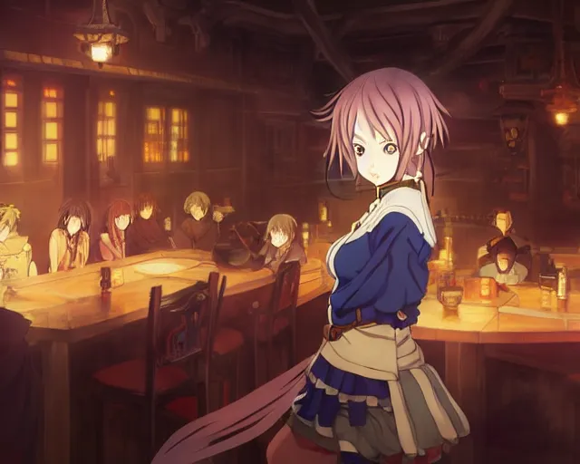 Image similar to anime visual, portrait of a young female in a busy fantasy medieval tavern interior at night, face by yoh yoshinari, murata range, last exile, blue submarine no 6, dynamic pose, dynamic perspective, detailed silhouette, rich texture, seven deadly sins anime, flat, anime cels, matte color, flat lighting on face, rounded eyes