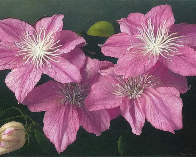 Image similar to pink dripping clematis, beautiful oil painting by ambrosius bosschaert