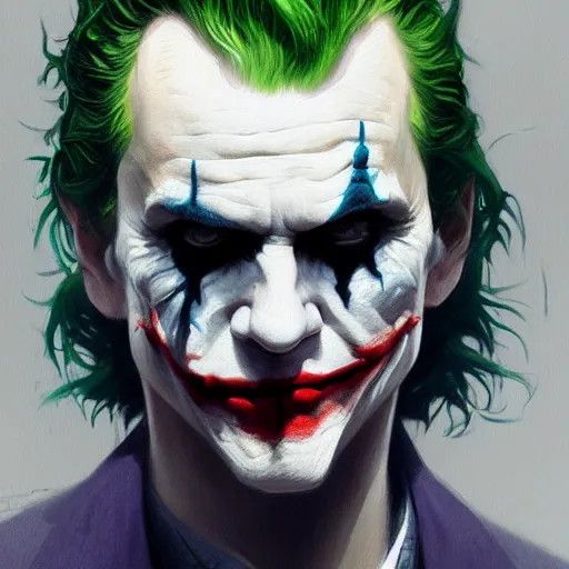 Image similar to very detailed masterpiece painting of the joker, portrait, artstation, concept art by greg rutkowski