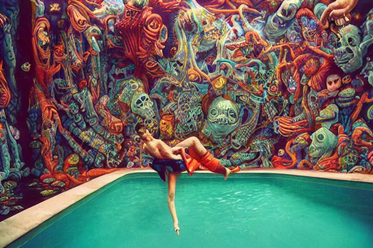 Image similar to 35mm color lomography, last photo, portrait, fashion shoot, weird, random, strange, spooky, hyperdetailed, photorealistic, high fashion, interesting, swimming pool, david cronenberg, by Jacek Yerka