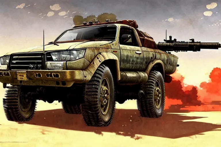 Image similar to dieselpunk mad max toyota hilux with large gun in the bed, painted by greg rutkowski makoto shinkai takashi takeuchi studio ghibli, akihiko yoshida