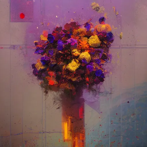 Prompt: a beautiful glitched abstract geometric painting by robert proch and robert heindel of a bouquet of flowers, color bleeding, pixel sorting, copper oxide and rust materials, brushstrokes by jeremy mann, cold top lighting, pastel purple background