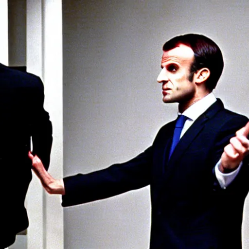 Prompt: Emmanuel Macron falling in American Psycho (1999)