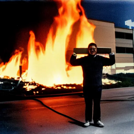 Prompt: a photo of a smiling system administrator doing a thumb up to the camera in front of burning data center in flames in the background, 35mm, full body shot, press photo