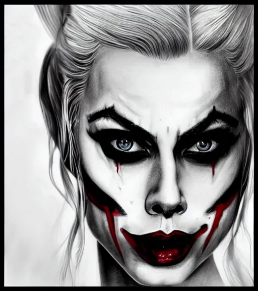 Image similar to a realism drawing of margot robbie as harley quinn portrait with joker makeup, in the style of den yakovlev, realistic face, black and white, realism, hyper realistic, highly detailed