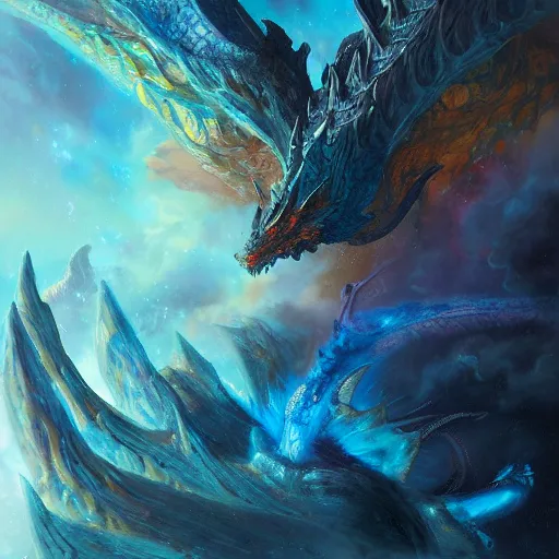 Prompt: prompt crystalline blue dragon in space, devouring a planet, sun system, European dragon, dragon wings, nebula, oil painting, by Fernanda Suarez and and Edgar Maxence and greg rutkowski