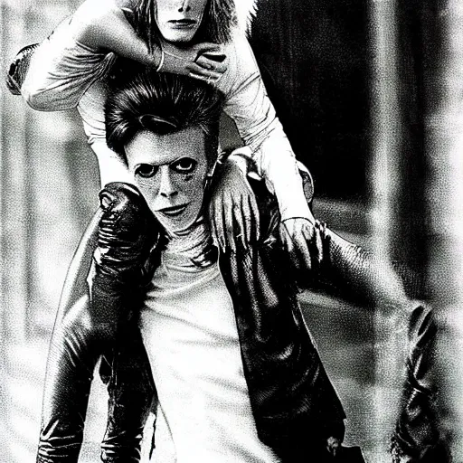 Image similar to david bowie getting a piggy back ride from ziggy stardust, digital art, glam rock