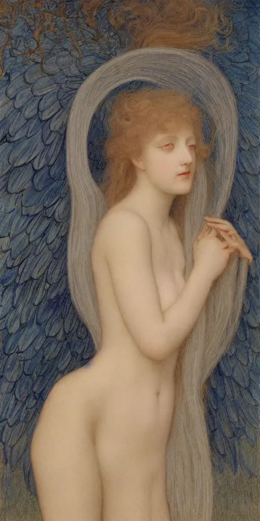 Prompt: Say who is this with silver hair so Wan and thin? Adorable feminine angel in the style of Jean Delville, Lucien Lévy-Dhurmer, Fernand Keller, Fernand Khnopff, oil on canvas, 1921, 4K resolution, aesthetic, mystery