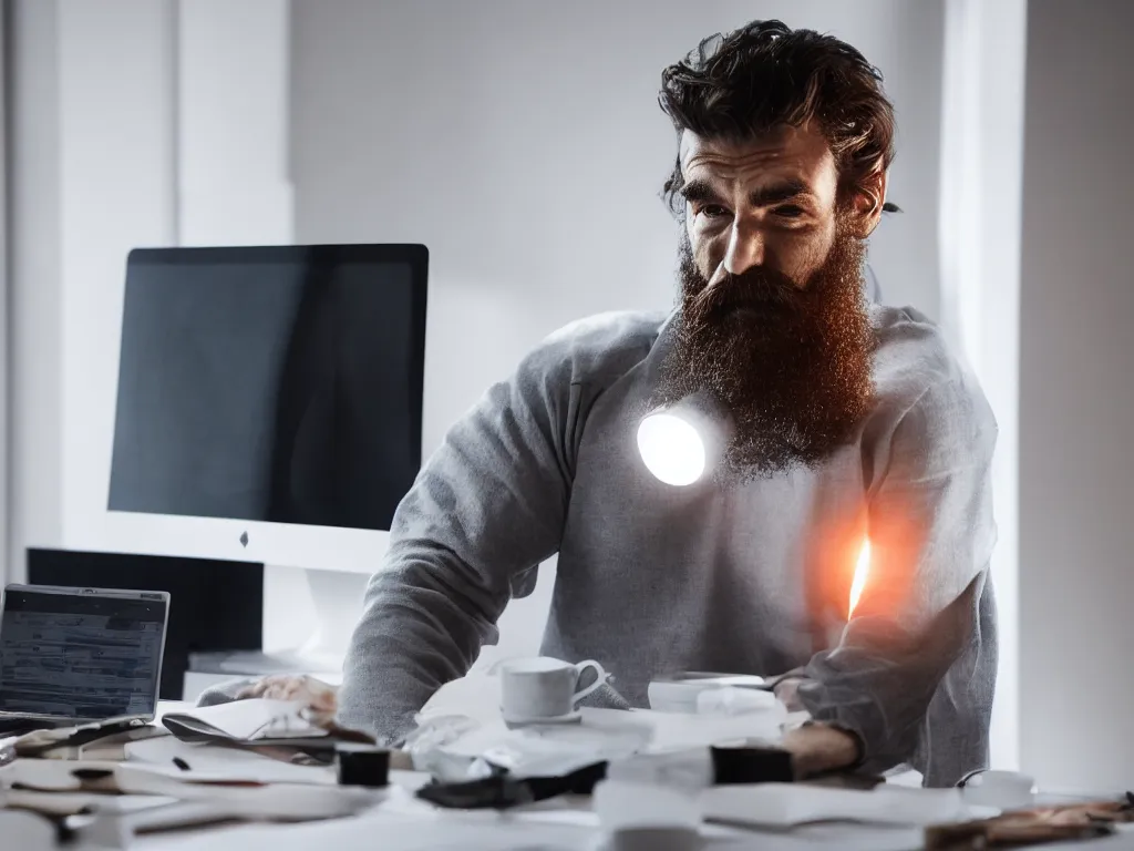 Prompt: man's bearded face lit up by the glow of laptop and monitor screen as works late at night at desk, photorealistic