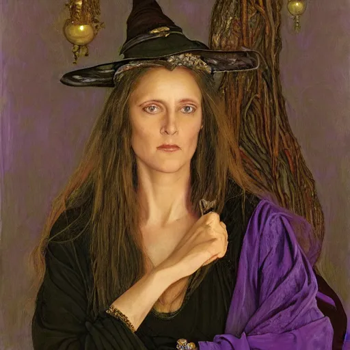 Prompt: portrait of a witch, wearing purple clothes with gold embroidery, by donato giancola, alex ross, and berthold woltze.