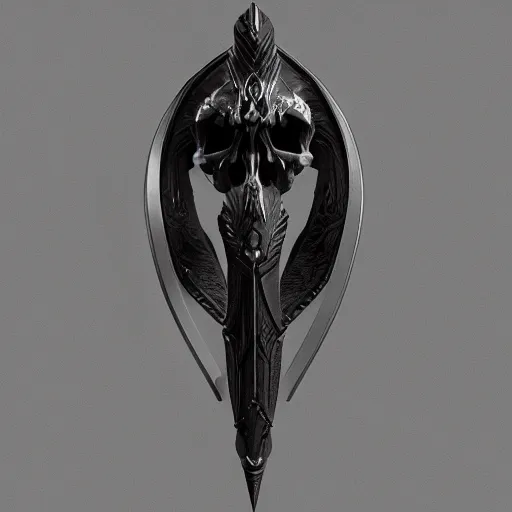 Image similar to a black sword skull crest, sharp tip, ornament, weapon, a 3 d render by dom qwek, studio lighting, front side view full sheet, trending on polycount, artstation, hard surface modeling, rendered in maya, 3 ds max, blender, artstation hd, vray