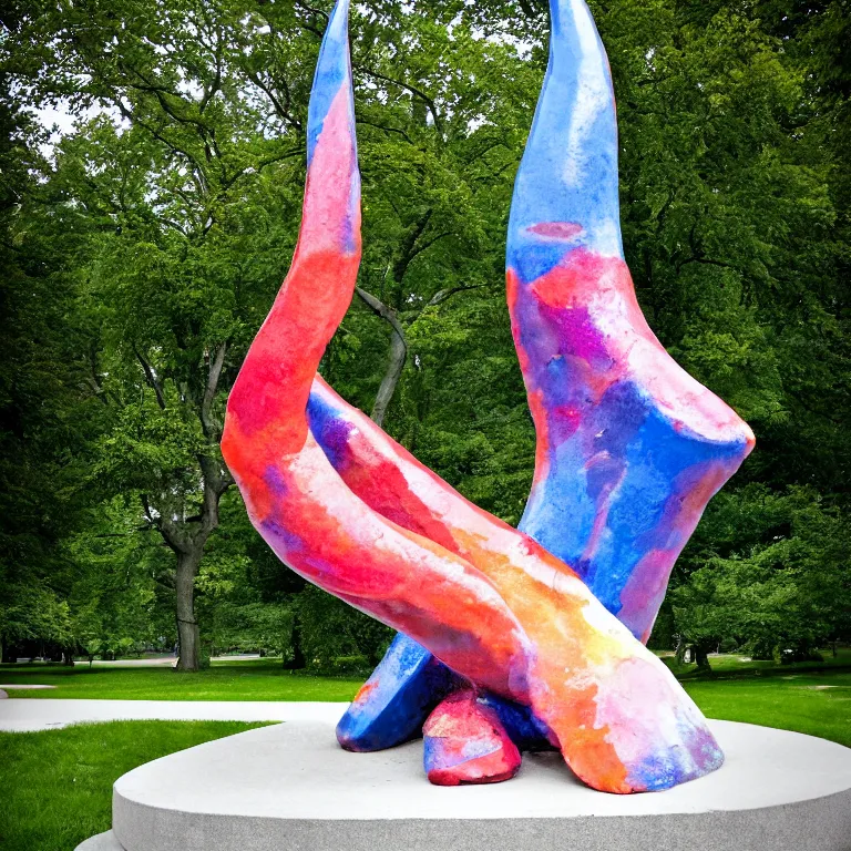Prompt: Beautiful telephoto photograph of Monumental Sculpture of a Crab Claw made out of Plaster and prismatic watercolor sculpted by Helen Frankenthaler and Henry Moore on a pedestal in Central Park, bright colors! shocking detail trending on artstation