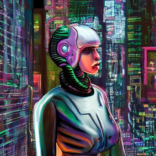 Image similar to focused portrait painting of a punk rock alien wearing a futuristic space suit, cyberpunk city on wall in background, mood lighting, in the style of HRGiger, 8K C 12.0