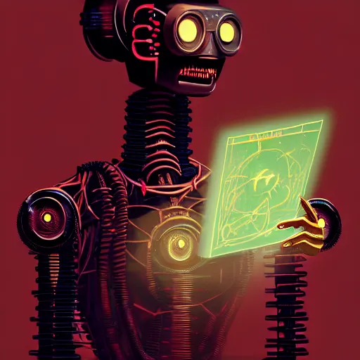 Image similar to dark scifi illustration 3 / 4 portrait of a robot reading necronomicon. cinematic lighting mad scientist style. golden ratio accidental renaissance. in the style of jean michel basquiat. graffiti art, scifi, fantasy, hyper detailed. octane render. concept art. trending on artstation