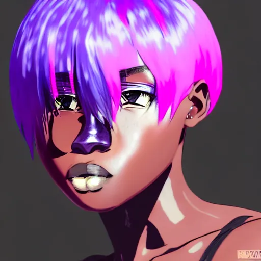 Prompt: portrait of black anime manga girl, boxer punch pose, french bob hair, white hair, wearing camo, purple eyes, by gustave dore, vaporwave colors, lofi colors, vaporwave, lofi, goth vibe, 4 k, smooth, hd, substance designer render, full body character concept art, symmetrical, 2 point lighting,