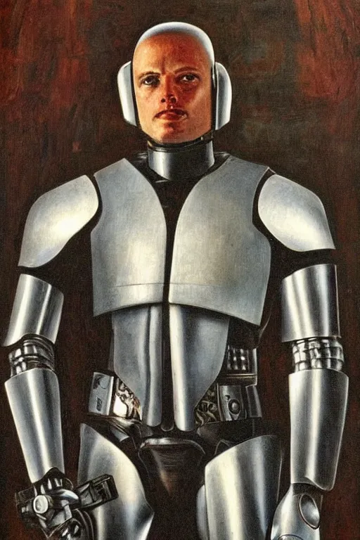 Image similar to a pre raphaelite painting of robocop by dante gabriel rossett