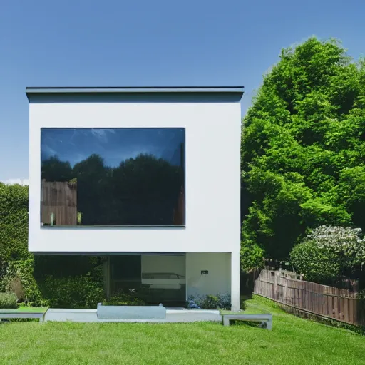 Image similar to house futurist, green yard, deep, blue sky with few white cloud, focus on the house