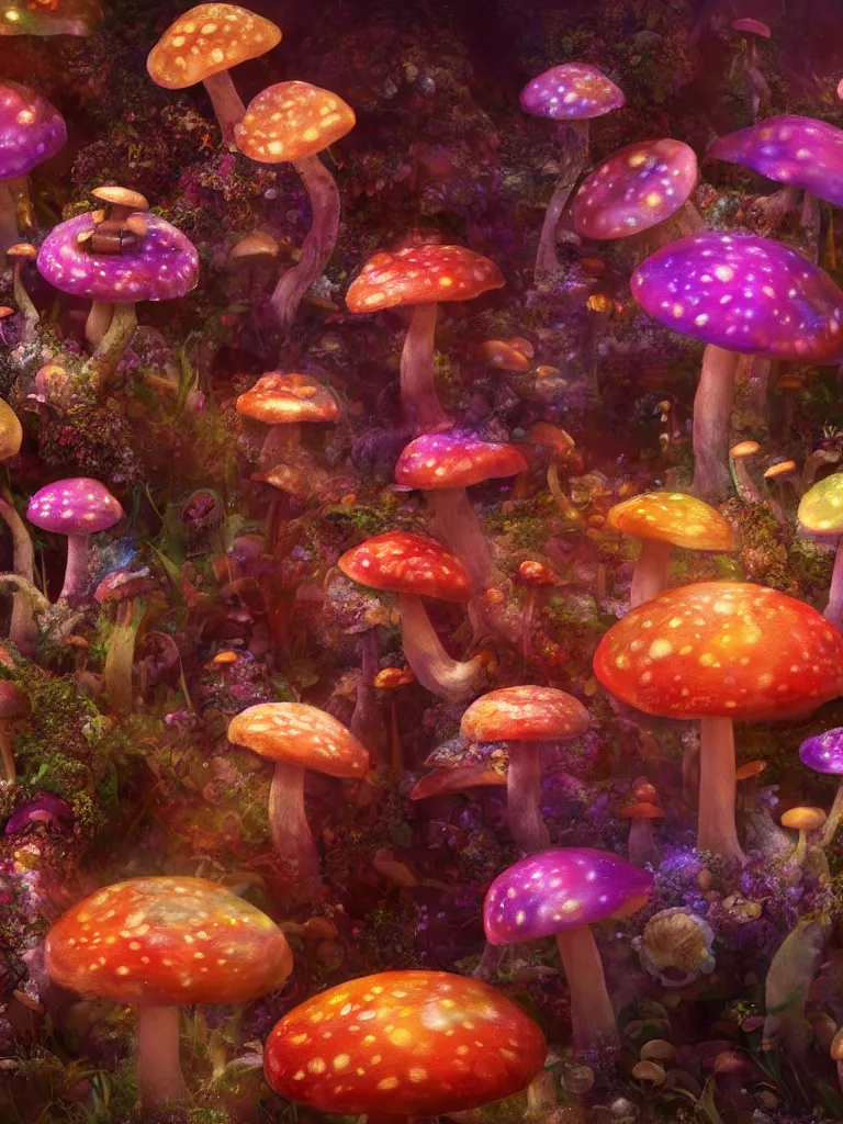 Prompt: a psychedelic engine creates mushrooms while fairy's dance in delight, by brian froud, octane render, 8 k, beautifully lit