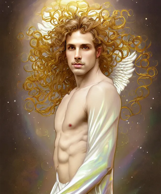 Image similar to symmetrical fullbody portrait of a beautiful young fit male angel with curly blond hairs, full dressed in long fluent clothes, majestic big dove wings, luminous halo, by greg rutkowski and alphonse mucha, gradient white to gold, in front of an iridescent background, highly detailed portrait, digital painting, artstation, concept art, smooth, sharp focus illustration