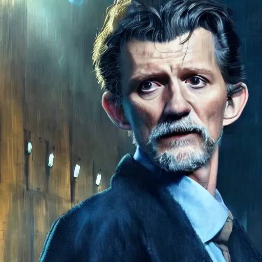 Image similar to tom holland as a rough dirty old man with a scruffy beard in a dark blue trenchcoat as the new doctor who, cinematic, volumetric lighting, f 8 aperture, cinematic eastman 5 3 8 4 film, photorealistic by greg rutkowski, by stanley artgerm, by alphonse mucha