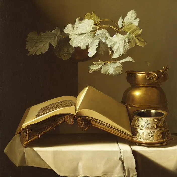 Image similar to still life painting of large book and greenery by pieter claesz, oil on canvas, strong lighting, highly detailed, hyper realism, golden hour, god rays, hd, 4 k