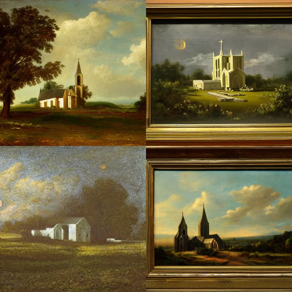 Prompt: a wide field, a church, landscape, dreamlike
