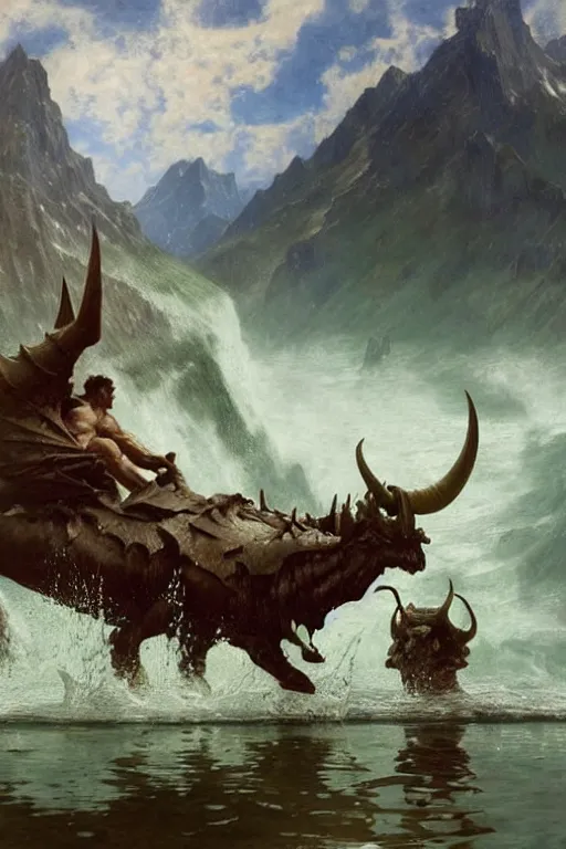 Prompt: martyn ford as huge horned armoured demon wearing cape and emerging from lake in canadian rockies, water splashing cascading, beautiful day, by albert bierstadt, ruan jia, lawrence alma tadema, zdzislaw beksinski, norman rockwell, jack kirby, tom lovell, greg staples