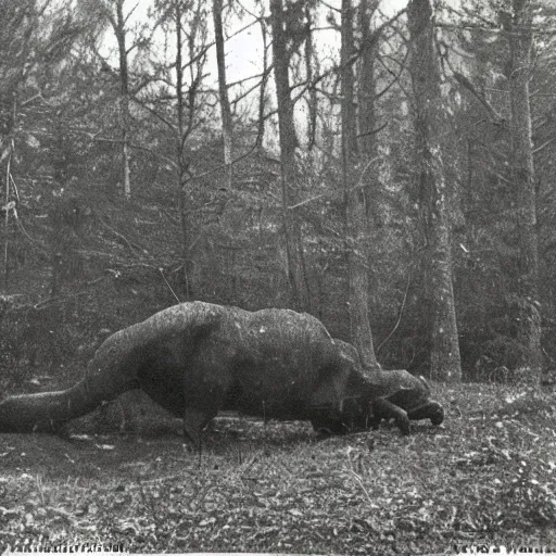 Image similar to scary unproportionally large creature in the woods, 1900s picture