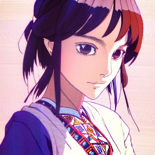 Image similar to a beautiful! boyish! natalie portman alluring gravure! model, wearing japanese hiphop school girl outfit with mayan pattern and native style, aztec street fashion, botw style, gapmoe yandere grimdark, trending on pixiv fanbox, painted by greg rutkowski makoto shinkai takashi takeuchi studio ghibli, akihiko yoshida