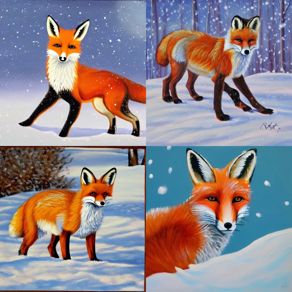 Prompt: painting of a fox in the snow, rien poortvliet