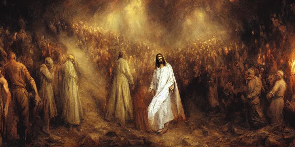 Prompt: Jesus Christ, walking through hell, a fantasy digital Painting, by ADOLPH VON MENZEL