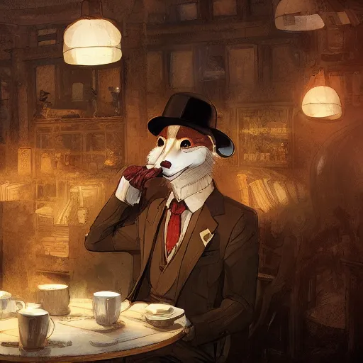 Prompt: a weasel in a suit was drinking tea, surrounded by tea houses ambient lighting, 4 k, russ mill, rossdraws, wenjun lin, jung gi kim, artstation