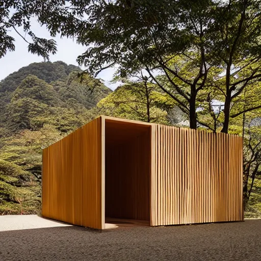 Prompt: light wooden structure designed by tadao ando for the tea drinking ceremony