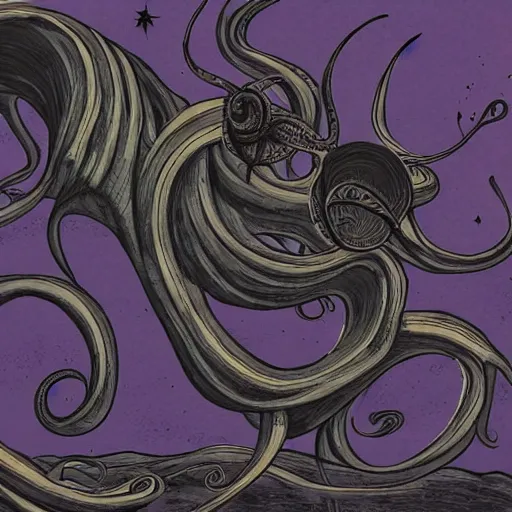 Prompt: a dark colored planet, shadow colored tentacles sticking out of the side, in the style of eldritch horror